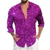 YOSUWOAI Camicia da uomo con glitter anni '70, camicia a maniche lunghe, stampa 3D, camicia glitterata per discoteca, party, top per nightclub, camicia da uomo slim fit con bottoni, camicia casual