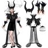 JOKILY Malefica Costume Donna,Halloween Cosplay Vestito Malefica,Gotico Vestito Strega Maleficent con Corna Scialle Piume Polsini Piume, Vestitos da Regina Strega Cattiva per Halloween Carnival Cosplay Festa