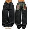 Suncadmious Moda Donna Jeans Stile Anni '90 Hip-Hop Harajuku a vestibilità Ampia con Stampa retrò, Modello Boyfriend, Gamba Larga, Vita Media, Pantaloni in Denim Streetwear (Nero,XL)