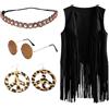 KBOPLEMQ Hippie, costume da donna con frange, colore marrone, hippie bolero, costume da carnevale, set da 4 pezzi, per Halloween, con frange, senza maniche, per hippie, abbigliamento anni '60,