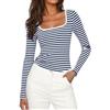 Aottori Maglia Donna a Righe Scollo Quadrato Blu Scuro Bianco M