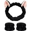 FSSTUD Set di 3 fasce per capelli da spa e polsino, con orecchie di gatto, per il lavaggio del viso, fasce per il trucco, fasce per capelli per la cura della pelle, morbide, per donne e ragazze, colore nero