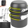 Qurxuanwe Set di Pentole da Campeggio con Posate Pieghevoli, Pentola Portatile in Alluminio per 1-2 Persone, Padella da Cucina Outdoor, Pentole Campeggio Leggera per Picnic, Zaino in Spalla, Escursionismo,Pesca