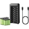 Amazon Basics Confezione da 8 batterie NiMh AAA ricaricabili e 8 batterie NiMh AA ricaricabili, con caricabatterie da 8 alloggiamenti e porta USB C, senza alimentatore, 16 unità, Nero