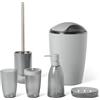 Amazon Basics, Set di Accessori da Bagno con Portaspazzolino, Dispenser di Sapone, Portasapone, Bicchiere per Spazzolino, Pattumiera, Scopino e Supporto, Grigio