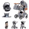 Kakbgee Passeggino 3 in 1 con Seggiolino Auto, Carrozzina Piegevole, 7-Altezza Regolabile, Sospensione 4 Ruote, Copripioggia e Zanzariera, Baby Stroller per Neonati 0-3 Anni (15kg), Grigio chiaro