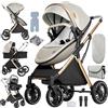Veitoalioy PU Pelle Passeggino 3 in 1 Trio Neonati, Passeggini Per Neonato, Carrozzino multifunzione, Passeggino Pieghevole (V6 Beige)