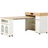 Coolywood Isola da cucina con ruote, tavolo da pranzo allungabile con prese elettriche e vetro temperato, credenza con cassetto per cucina e sala da pranzo (Bianco+Natura)