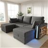 Trdlpyn Divano Modulare a forma di U con illuminazione LED e Porta USB/Type-C, 2 Pouf Contenitore, Ampi Cassetti, Portabicchieri e Ripiano nel Bracciolo, 2 Cuscini, Divano in velluto a Coste, Grigio