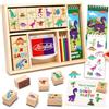 Atoylink Set di timbri per bambini in legno con 16 timbri Dino | Giocattolo in legno con tampone inchiostro, matite colorate, blocco a spirale e scatola di legno per fai da te e pittura