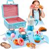Forroby Cucina Giocattolo per Bambini,Accessori Cucina Bambini con Cestino da Picnic ,Tappetino, Dolce e Caffettiera,Cibo Giocattolo,Giocattoli da Picnic per Bambina 3 4 5 anni (Blu)