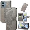 JIUNINE Cover a Libro in Pelle per Motorola Moto E15 / Moto G05, Grigio | Custodia Portafoglio Antiurto in Pelle Sintetica, Motivo Farfalle 3D, Portacarte, Supporto Regolabile, Chiusura Magnetica