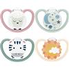 NUK Space Day & Night ciuccio | 6-18 mesi | Succhietti che si illuminano al buio con ventilazione extra per pelli delicate | Silicone senza BPA | Zebra & Pecore | 4 pezzi