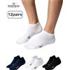 NONE ESSENZA 12 paia calzini corti unisex in cotone traspiranti, calze sportive alla caviglia per sneakers, calzini casual quotidiani, taglie 35/38 39/42 43/46, bianco, nero, blu ES3805