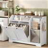 STHYTON Armadietto portabiancheria da 110 cm, doppio ribaltabile, con 4 ganci e 3 portasciugamani, 2 cesti portabiancheria nascosti da 22 litri, armadietto per bagno, cucina, bianco e noce