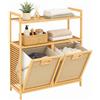 LIFEZEAL Mobile Portabiancheria da Bagno in Bambù (80x30x92cm, 2 Scomparto) | Cesto Biancheria Sporca con 2 Sacchetti Rimovibili in Tessuto e 2 Ripaini Aperti, per Bagno Camera da Letto e Lavanderia