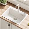 HOROW Lavello da cucina in granito composito, bianco, vasca singola 60 x 45 cm, antigraffio e antimacchia, superficie autorigenerante, chiusura a pressione integrata, senza spina extra, con raccordi e