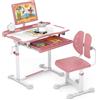 COSTWAY Set di Scrivania e Sedia per Bambini con Altezza Regolabile, Rosa | Banco Scuola con Piano Inclinabile, Supporto per Libri, Barra Poggiapiedi e Sedia Ergonomica per Scuola, Ufficio e Cameretta