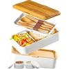 Umami Porta Pranzo Lunch Box Ermetico 4 Scomparti e Posate, Sicuro per Microonde, Lavastoviglie, Portapranzo Ufficio Bento Lunchbox Prova di Perdite per Adulti Schiscetta, Blanc & Bambou, 1200 ml