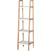 kleankin Scaffale per il Bagno a Scala con 4 Ripiani in Legno di Pino e Bambù, 35x36x138.5 cm, Bianco e Legno