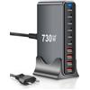 Lexrumy Caricatore USB C Multiplo 730W, Stazione di Ricarica Rapida 10 Porte | Porta USB Monocavo 140W Max (6 USB-C + 4 USB-A), Compatibile con MacBook Pro/Air, iPhone 16/15, Samsung, Dell, HP, Tablet