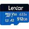 Lexar Scheda Micro SD 512 GB, Scheda di Memoria microSDXC UHS-I Con Adattatore SD, Fino a 100 MB/s in Lettura, A2, C10, U3, V30, Scheda TF per Smartphone/Tablet/Telecamera