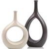 LCCCK Vaso bianco marrone in ceramica bianco sporco vasi decorazione per la casa, cerchio minimalista moderno con foro vaso decorativo, vasi da fiori a ellisse cava per libreria, caminetto, centrotavola