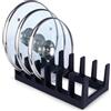 Vilde Supporto per piatti nero, 28 x 15 x 9 cm, organizer per 6 coperchi/piatti, in plastica resistente, ideale per conservazione verticale, decorazione da cucina, adatto per cassetti/armadi