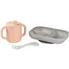 Béaba, Set Pasti per Bambini in Silicone, 3 Pezzi, Piatto Diviso + Tazza + Cucchiaio, Silicone Sano e Durevole, Lavabile in Lavastoviglie, Adatto a Microonde, Rosa