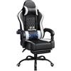 Yaheetech Sedia da Gaming Ergonomica con Cuscino Massaggio Lombare, Schienale Reclinabile e Poggiapiedi Estraibile, Sedia da Ufficio Girevole con Braccioli Imbottiti e Poggiatesta Rimovibile (Bianco)