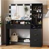 JUMMICO Toeletta Trucco con Specchio e Luci,Tavolo da Toilette con Cassetti, Postazione Trucco con Ripiani Aperti, Ganci per Gioielli e Presa Elettrica per Camera da Letto, Moderno (Nero)