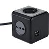 Electraline 62099 Multipresa Cubo Powercube 4 Posti con 2 USB 2.1A, 2 Schuko + Spina Italiana, 2 Bivalenti 10/16 Italiane, Colore Nero, Cavo 1.5M
