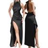 AOWVUTS Vestito Lungo Donna Abito Maxi con Scollo Halter Senza Schienale Seta Elegante Vestiti da Cerimonia Senza Maniche Spacco Sexy Abito da Sera Festa Cocktail Banchetto Party Club