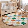 HUGEAR Tappeto Rotondo 120cm Multicolore Bianco Antiscivolo | Pelo Lungo, a Quadri, Morbido, Moderno, Rotondo, Camera da Letto, Cucina, Sala, Scendiletto, Esterno, Bambina, Bambini