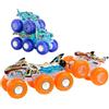 Mattel Hot Wheels Monster Trucks - Multipack Camion, set con Tiger Shark e Mega-Wrex in scala 1:64 e i loro Grandi Tir e Trasportatore con decorazioni Power Smashers, giocattolo per bambini, 3+ anni, HYJ29