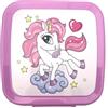 Fackelmann Lunch Box Quadrato "Unicorni" 1.43L, 13,5x12,5x8,5 cm - Portamerenda Bambini in PP con Clip - Ideale Scuola, Gite -Contenitore merenda, Lavaggio a Mano, Linea Mini Cooking