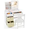 COSTWAY Set Toeletta Trucco per Bambina con Sedia, Specchiera Trucco con Specchio Acrilico e Luci LED a 2 Colori, Postazione Trucco 3 con Cassetti 2 Box in Tessutto, per Bambine di 3+ Anni (Bianco)