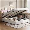 JiaOyu Letto matrimoniale 140 x 200 cm, letto imbottito con illuminazione a LED, letto idraulico e scaffali aperti, letto funzionale, con rete a doghe, senza materasso (beige + colore legno, 140 x 200 cm)