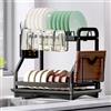 ZHHGOO Scolapiatti Nero Inox,2 Livelli Scolapiatti da Appoggio per lavello,Scolapiattis con Vassoi antigoccia,Scaffale per Tagliere,Portabicchieri e Portaposate Scolapiatti