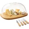 OCEANO Portapane Portaformaggi in Bambù con Coperchio Cupola Trasparente Tagliere Legno Naturale con Campana Salvafreschezza per Alimenti Dolci Affettati (Tagliere + Coltelli)