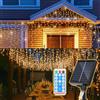 Fiqops Catena di luci solari per esterni, 15 m, luce bianca calda, 600 LED, con batteria e telecomando, per feste, giardino, Natale, matrimonio, illuminazione decorativa