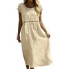 Onsoyours Vestito Estivo Donna Lungo Bohémien Elegante Maniche Corte Abito in Cotone Lino Casual Chic Scollo Rotondo A-Linea Leggero E Traspirante Midi Abiti da Spiaggia Vacanza A Cachi S