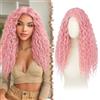 FESHFEN Parrucca Lace Front Ondulate Parrucche Rosa per Donna, 65 cm | Lunga Deep Wave Ricci Wig, Sintetici Resistente al Calore Naturali con HD Lace Wigs per Feste Quotidiano ed Eventi Speciali