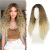 FESHFEN Parrucca Lace Front Ondulate Parrucche Biondo Ombré Donna, 65 cm | Lunga Deep Wave Ricci Wig, Sintetici Resistente al Calore Naturali con HD Lace Wigs per Feste Quotidiano ed Eventi Speciali