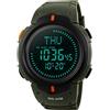 TONSHEN Bussola Orologi da Polso Uomo Digitale Outdoor Sportivo Militare Tattica 50M Impermeabile Plastica Lunetta e Gomma Band LED Display Multifunzionale 3 Sveglia Fusi Orari Mondiali (Verde)