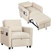 HOMCOM Poltrona Letto Singolo 3 in 1 Pieghevole, Schienale Regolabile 3 Posizioni, 2 Cuscini, Divano Letto Estraibile Salvaspazio in Tessuto Effetto Lino e Legno con Ruote, Tasche, 78x94.5x83cm, Crema