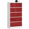 AKORD Cassettiera K60 con 5 Cassetti | Credenza Alta | Moderna Mobiletto per Soggiorno Sala da Pranzo Camera da Letto Corridoio Bagno | Armadio Cameretta | 60x121x40 cm, 39kg | Bianco/Rosso lucido