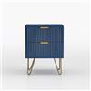 WOBOPCG Comodino a 2 cassetti, Cassettiera con cassetto, Tavolino in legno, Comodino blu con gambe e maniglie dorate, pannello in venatura verticale