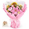 YSHomy Bouquet di fiori all'uncinetto con gigli rosa, girasoli, garofani, rose, fiori per sempre, per compleanno, laurea, regalo del Ringraziamento per lei, nonna (biglietto incluso)