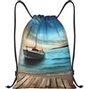 Anceky Borsa con coulisse leggera, piccola, borsa da palestra per donna, zaino da calcio a tema barca e paesaggio marino, per viaggi sportivi